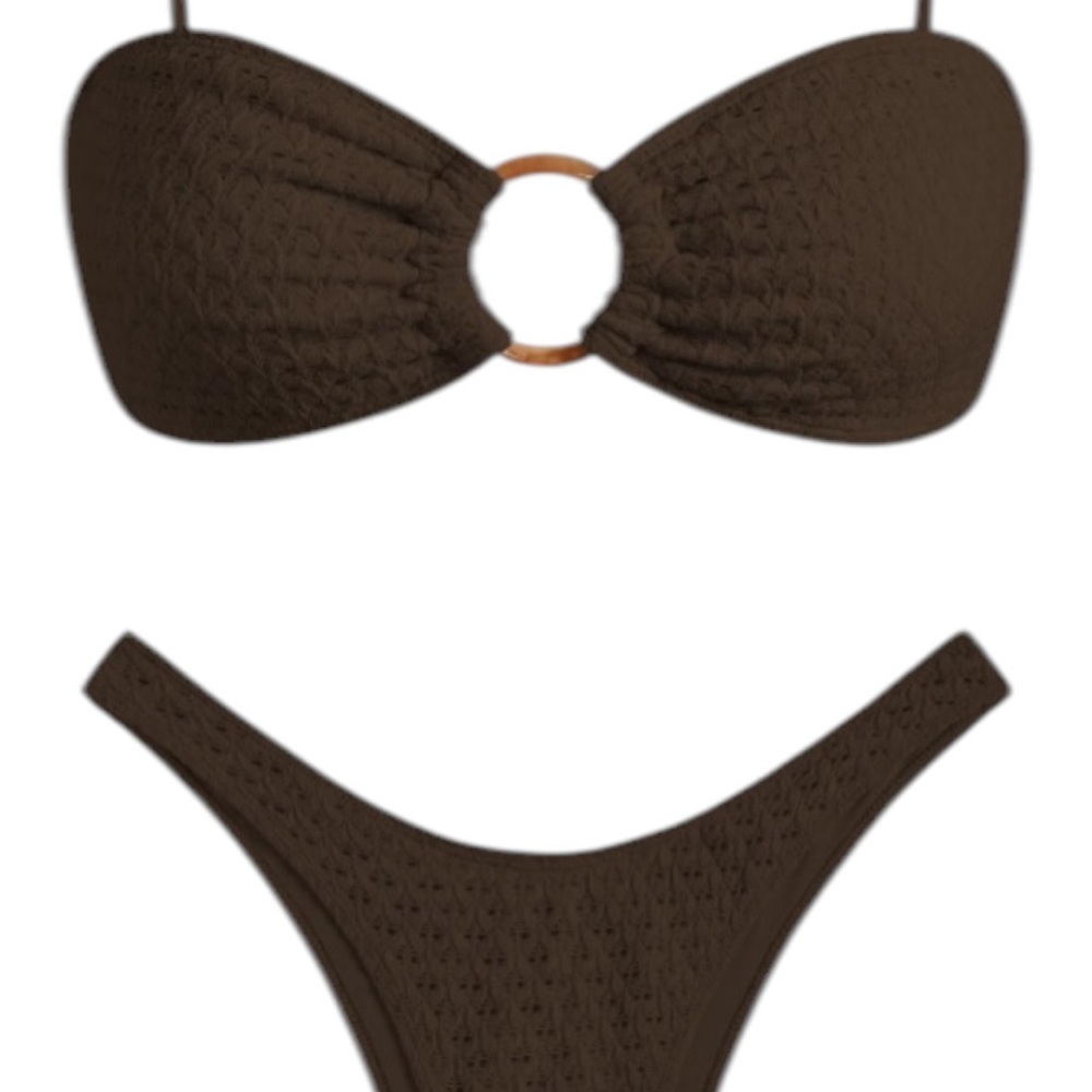 Zaful Brown Ring-Accent Bandeau Bikini Set High-cut Sexy Tie Straps